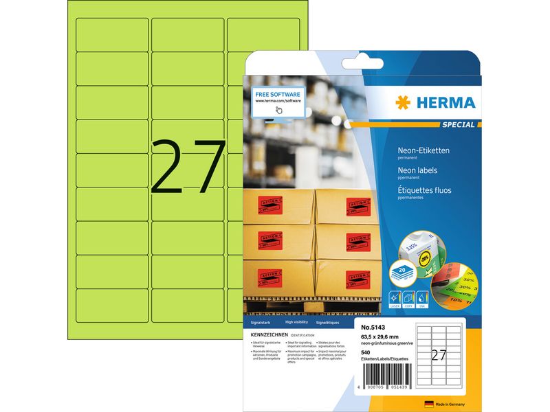 HERMA Étiquettes en néon A4 63.5 x 29.6 mm, vert fluo, 540 pièces