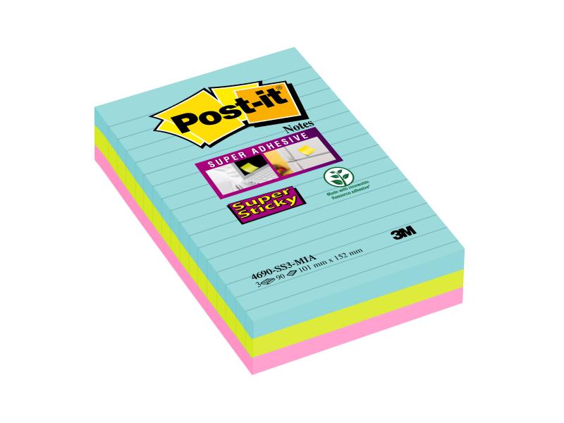 Post-it Fiche de bloc-notes Post-it Super Sticky 10.1 cm x 15.2 cm, 3 blocs