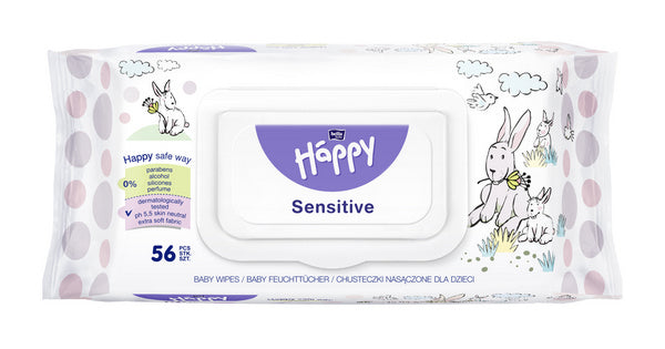 Lingettes bébé Bella Baby Happy Sensitive - paquet de 56 lingettes humides sans parfum, alcool ni parabènes